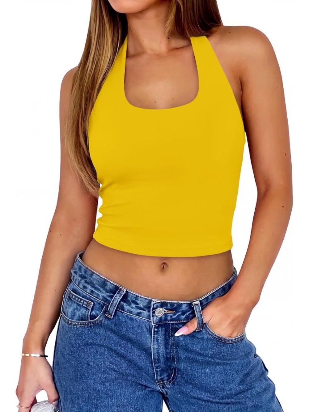 Women's Yellow Halter Top Double Lined Backless Y2K Cropped Going Out Top Tank